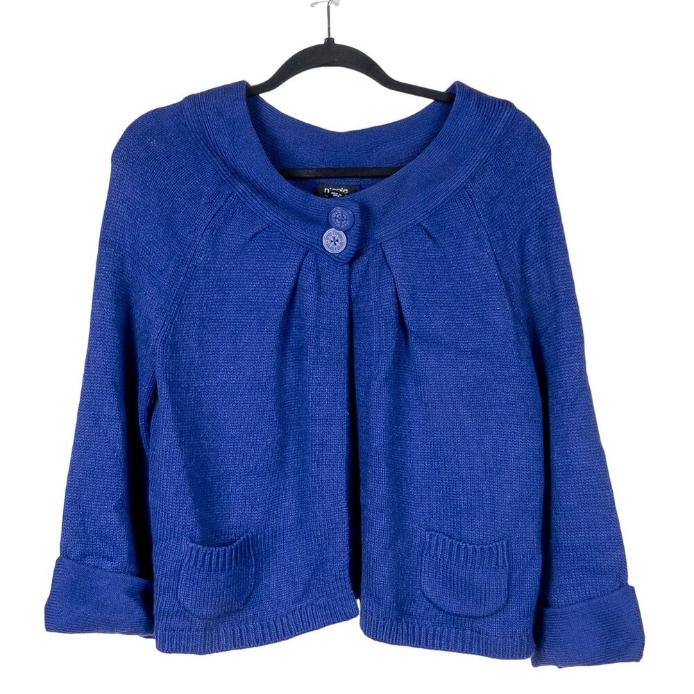 Nicole Miller Cardigan Sweater L Womens Blue Button Pockets Knit Acrylic Stretch - Picture 1 of 6